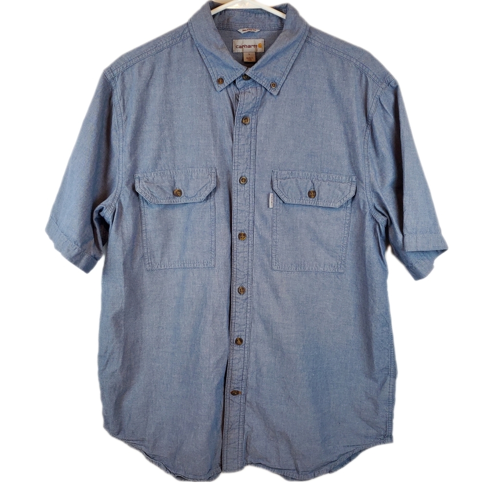 Carhartt Chambray Button Down Shirt Size L Mens Cotton Short Sleeve Workwear